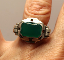 Ancienne Bague Tank en Argent Massif 830 et Cabochon de Chrysoprase T.55