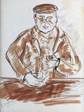 Roland DUBUC "L'homme au café, avec sa pipe" aquarelle et encre signée