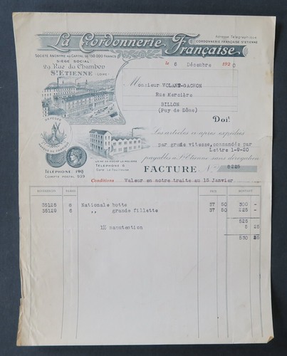 Facture 1920 cordonnerie - 1920, la