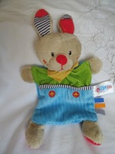DOUDOU PLAT LAPIN OUATOO BABY 34 CM AVEC LES OREILLES  BLEU VERT  BANDANA JAUNE 