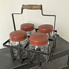 ANCIEN panier 4 POTS à PHARMACIE BOCAL APOTHICAIRE en VERRE couvercle MÉTAL RARE