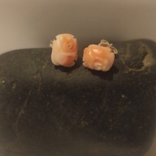 Clou /Boucle D'oreille Vintage /Argent 925 Et Corail Peau D'ange, Bouton De Rose