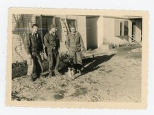 PHOTO snapshot, 3 militaires  uniforme baraquement jeune berger chien