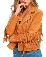 Blouson moto motard à franges en cuir daim souple véritable pour femme vintag...