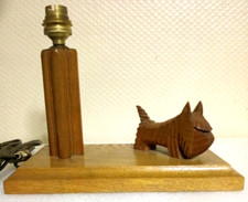 Lampe de Chevet en Bois de Chêne  avec Petit Chien Sculpté Fait Main TBE