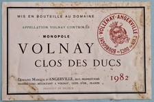 1 étiquette Volnay Clos des Ducs 1982 Domaine Marquis d'Angerville