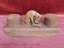 Vieux Garniture de Bureau Vieux Plumier Encrier Chien en Bois Sculpté