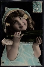 BA177 Cute EDWARDIAN GIRL BOTTLE of WINE Tinted PHOTO pc 1907