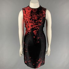 MONIQUE LHUILLIER Taille 10 Rouge Noir Laine Lycra Abstrait Robe Fourreau