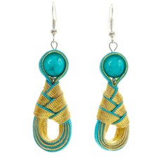 Boucles D'oreilles femme dorées en forme de goutte satin bleu turquoise perle