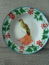 Ancien plat creux tole décor oiseau