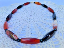 Collier perles pierre naturelle  agate noir et orange  contemporain - 50 cm