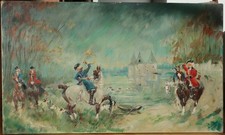 huile sur toile - scène de chasse au château