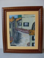 Peinture huile sur toile maison ruelle village normand tableau bois de 49,3 cm