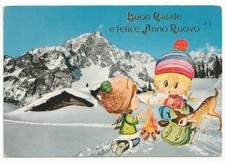 1977 Noël Photo Carte Postale Collage Neige Montagne Bâti Enfants Feu Cerf