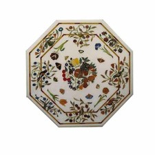 30 " Marbre Café Table Top Main Floral Incrustation Demi Précieux Pierres