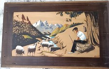 TABLEAU ANCIEN PANNEAU BOIS DÉCOR PAYS BASQUE BERGER BREBIS PYRÉNÉES 49X31CM 