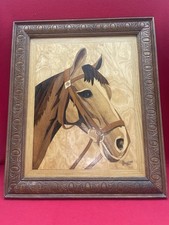 Tableau Marqueterie Cheval Signé Pelletier 1994 – Cadre Sculpté Ancien Art Déco