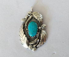 PENDENTIF AMÉRINDIEN NAVAJO ARGENT MASSIF TURQUOISE SIGNÉ VINTAGE