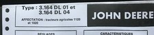 2)Fiche Technique R.T.A (RTA) ; Tracteur JOHN DEERE types 1120 et 1020