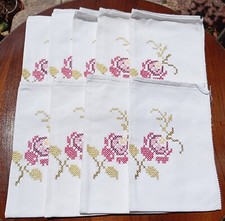 Vintage France - Lot de 9 Serviettes de table brodées main Coton ancien blanc