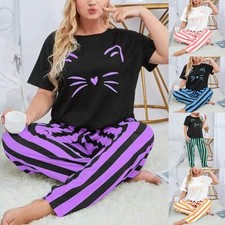 Pyjama confortable femme grande taille avec imprimé chat et pantalon rayé