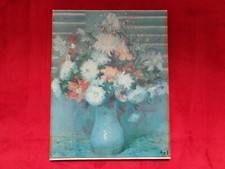 Magnifique et Grand Bouquet - Fleurs dans Vase Bleu - Huile  - 55 cm - Signé.