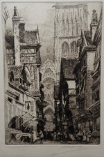 RARE EAU FORTE SIGNEE CHARLES PINET ROUEN RUE DE L'EPICERIE  41 X 32,5 cm