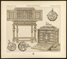 1890 - Mobilier : Cabinet, armoires et poires à poudre - Europe du 17ème siècle