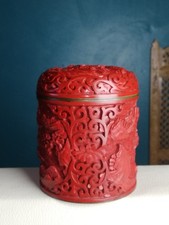 Pot à Gingembre ancien en bois de Cynabre rouge gravé décor Chine