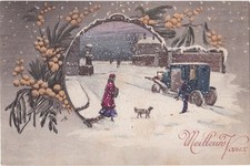 CPA Fantaisie Relief MEILLEURS VOEUX Village en Hiver Tacot Mimosas. BEST WISHES