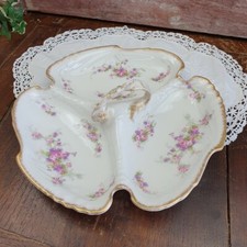 Ancien Plat serviteur mendiant porcelaine de Limoges décor fleurs & or moucheté