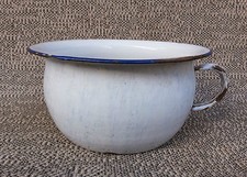 Ancien pot en émail blanc liseré bleu vintage années 1950 french antique