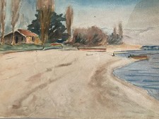 Très Belle Peinture Aquarelle Sur Papier 1950 Bassin D Arcachon Paysage Arbre