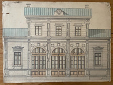 Ancien dessin d'architecture original / encre de chine  /  lavis de couleurs