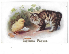 CPA carte postale ancienne Joyeuses Pâques poussin devant un chaton