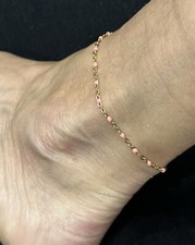 Chaine cheville Acier Or perles résine Rose,Bracelet Cheville Acier Or Émail