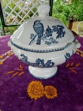 Soupière Terre de Fer Faience Longwy Modèle Mésange Décor Floral Oiseaux Bleus