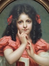 ❤Fab Antic FRENCH ART PRINT GIRL in RED DRESS COQUELICOTS POPPIES Bow Gilt Frame