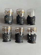 Suite De Six Verres Gravés Dorés Socle Argent Ciselé 