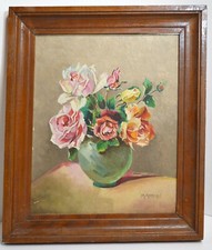 TABLEAU bouquet de roses HUILE/panneau signé M. RINEAU 28,5x23,5cm + cadre