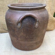 Pot ancien marron anses poterie terre cuite grès - H 23 cms