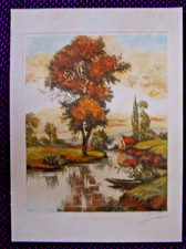 GRAVURE Impression Eau Forte Aquatinte Colorée Signature ? Barque amarrée