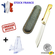 Couteau Pliant Style Japonais Higonokami Manche Doré Étui Cuir PU + Chevalet