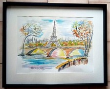  TABLEAU PEINTURE AQUARELLE  PARIS LA TOUR EIFFEL LE PONT NEUF  SIGNE JUMEAUX JP