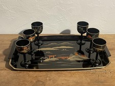 PLATEAU LAQUÉ NOIR OR ORANGE + 6 VERRES A PIEDS ASSORTIS JAPON KOYO RIMEX