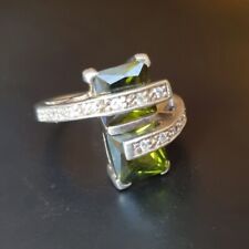 Bague Argent Rhodié 925, Zircons Blancs Et Zircons Verts Façon Péridot Taille 53