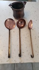Set de 3 grands ustensiles de cuisine en cuivre et manche en laiton + chaudron