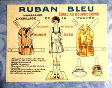 ANCIENNE CARTE PUBLICITAIRE RUBAN BLEU MARGARINE HABILLAGE DE LA POUPEE 14x11 cm