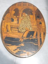 tableau bois pyrogravure scène vénitienne, travail italien ancien